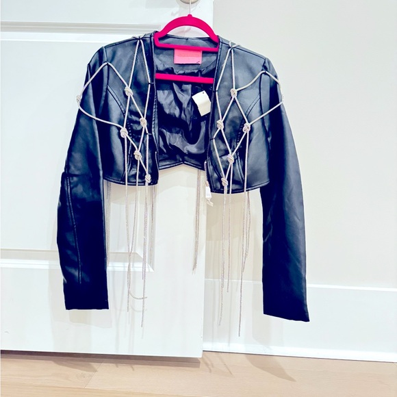 Black Faux Leather Jacket With Glitter Rope Detailing - Picture 2 of 4